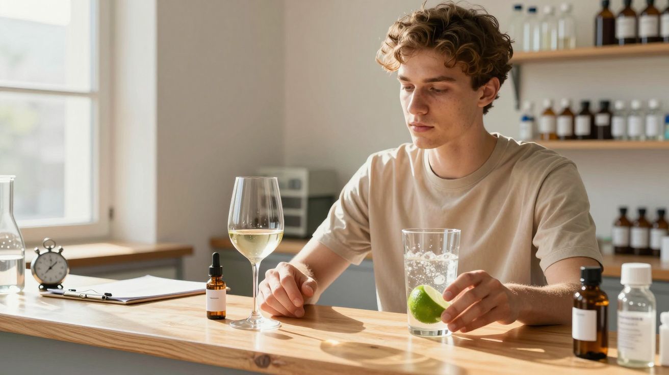 Jovem sentado à mesa com copo de água com limão e copo de vinho, cercado por frascos e caderno.