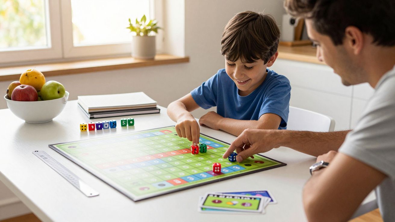 Pai e filho a jogar um jogo de tabuleiro colorido numa mesa branca, com dados e cartas, próximos de uma janela.