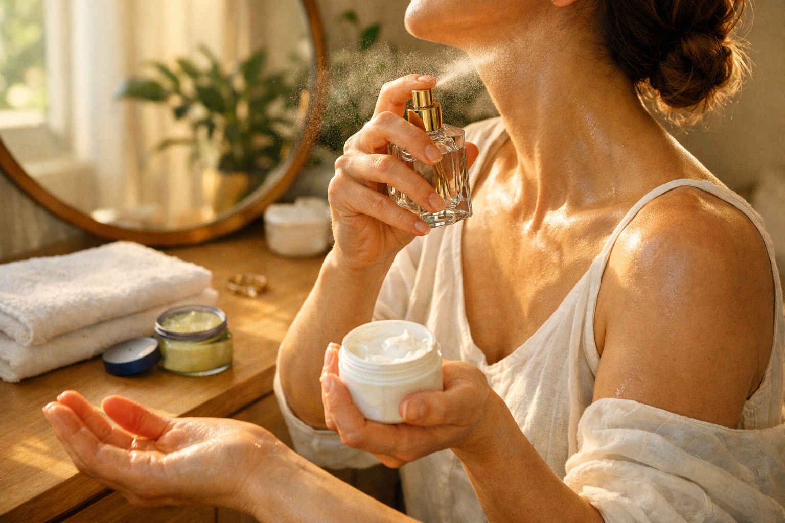 Mulher aplica spray no pescoço enquanto segura um pote de creme, com toalhas e produtos de beleza ao fundo.