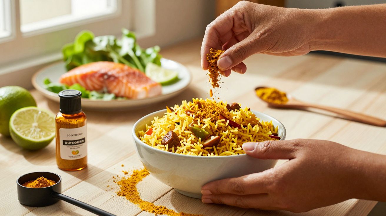 Pessoa adiciona especiarias a uma taça de arroz. Ao fundo, salmão e lima.
