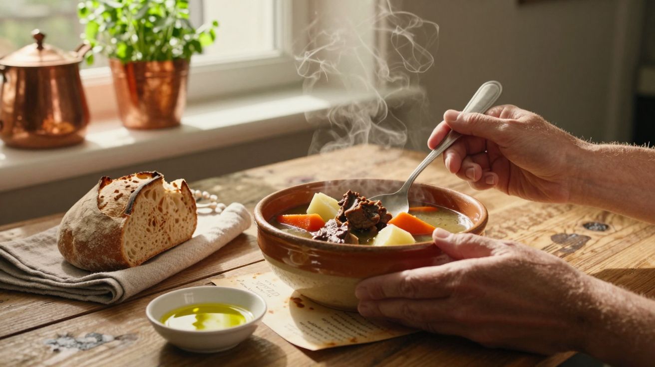 Pessoa segurando uma tigela de sopa quente com carne e legumes, pão ao lado, sobre mesa de madeira.