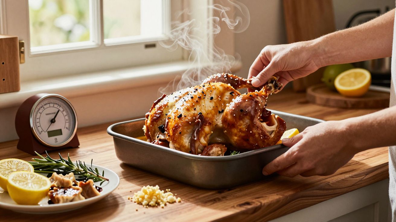 Pessoa a preparar frango assado fumegante numa assadeira na cozinha, com limão e ervas ao lado.