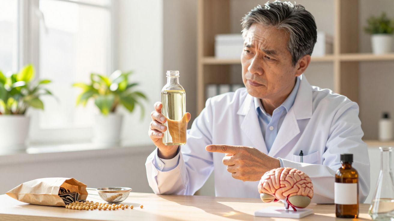 Cientista analisa garrafa de líquido em laboratório, com cérebro modelo e ingredientes no fundo.