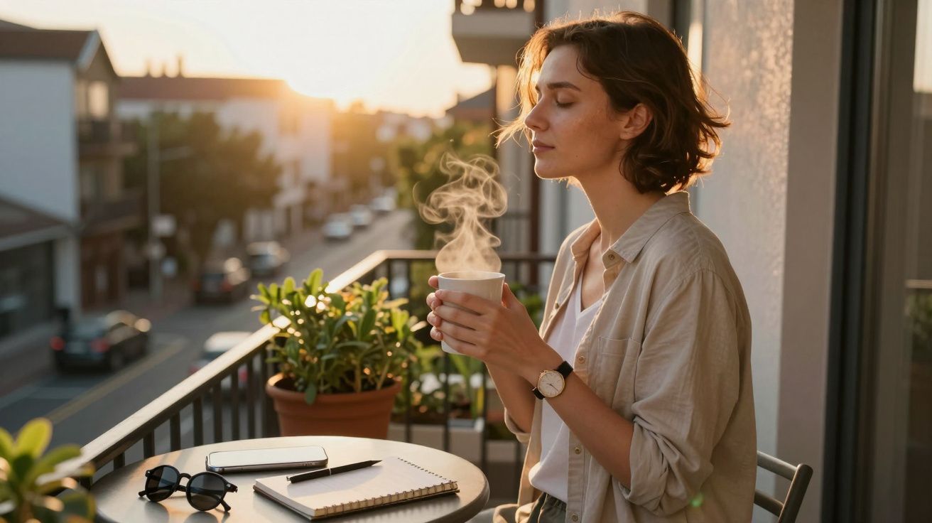 Mulher relaxa em varanda ao pôr do sol, segurando uma chávena de café fumegante. Bloco de notas e óculos sobre a mesa.