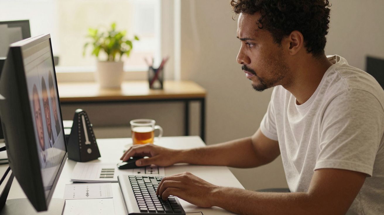 Homem concentrado trabalha no computador em escritório, com chá na mesa e planta ao fundo.
