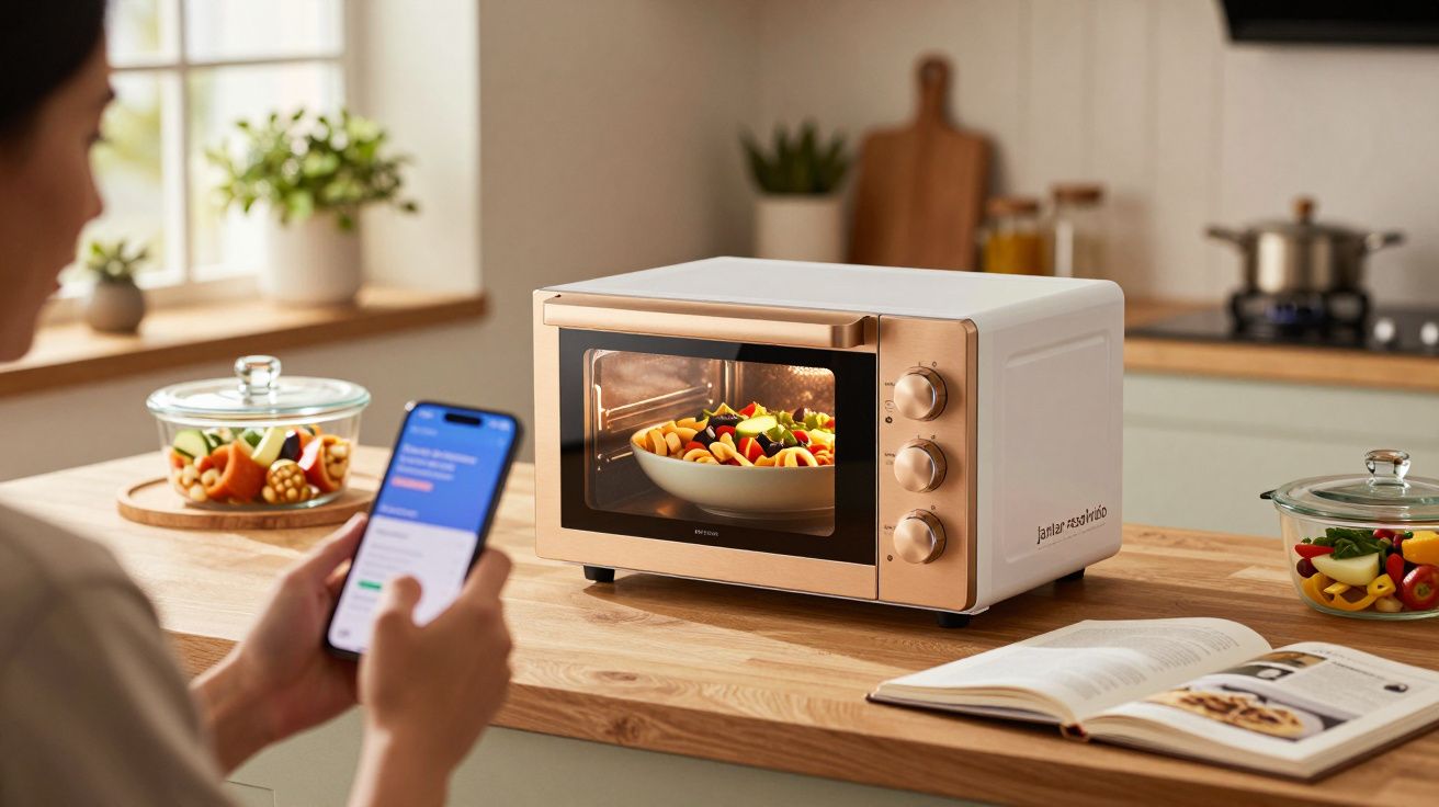 Pessoa segura telemóvel, controlando um forno na cozinha com um prato de vegetais no interior.