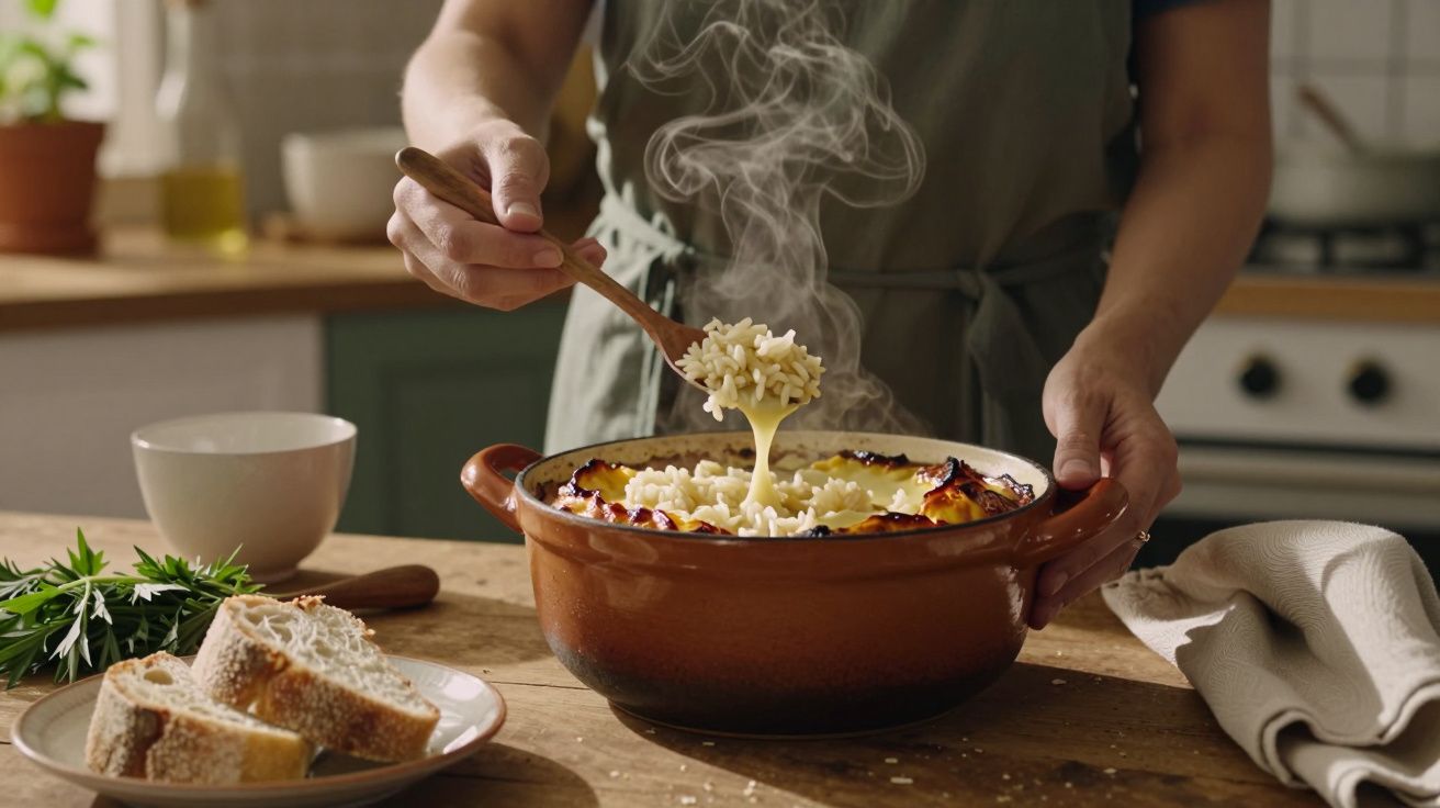 Pessoa serve massa fumegante de um tacho de barro na cozinha, com pão e ervas ao lado.