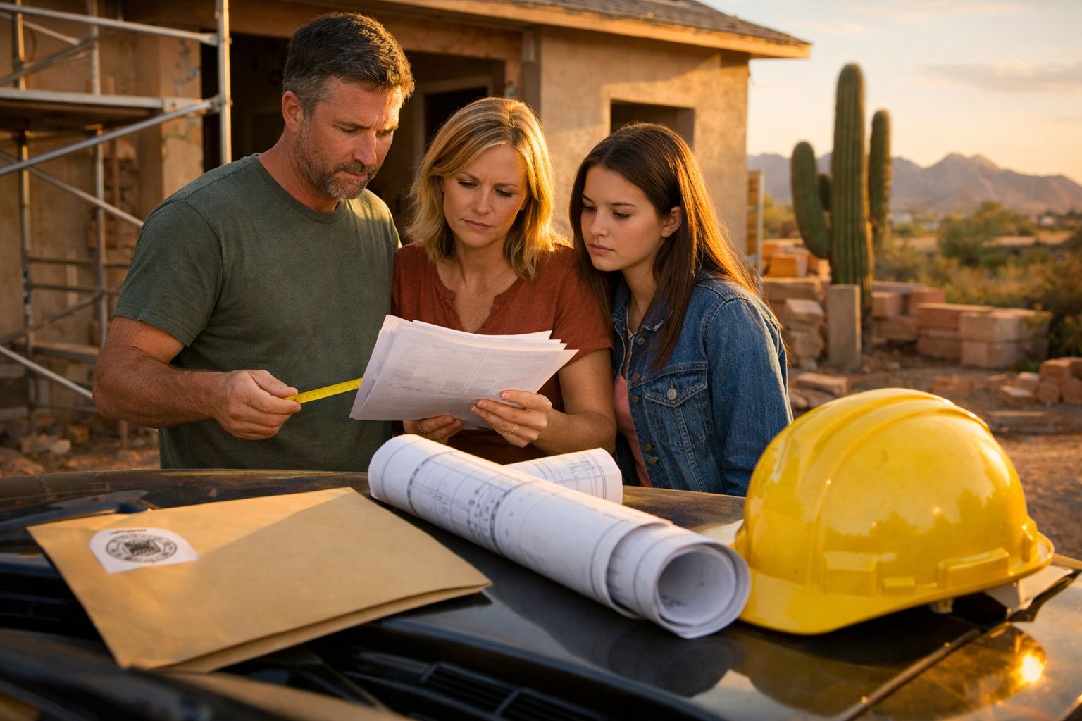 Família observa planta de construção em frente a uma casa num bairro residencial. Montanhas ao fundo.