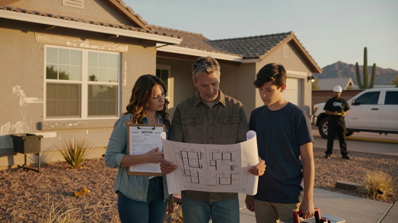 Três pessoas analisam um plano de construção em frente a uma casa, com montanhas ao fundo e um trabalhador ao longe.