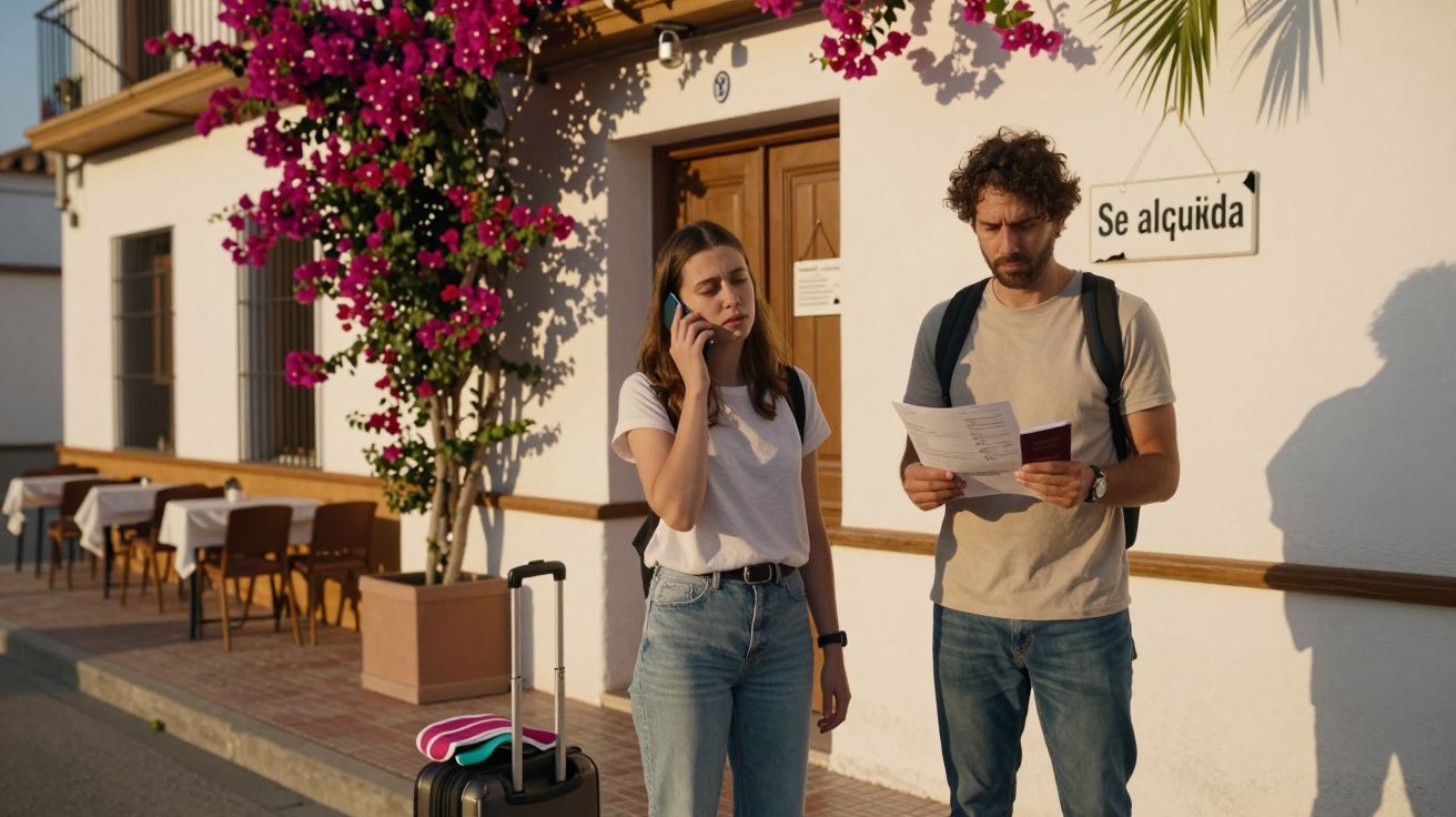 Homem e mulher em frente a uma casa com flores, ela ao telemóvel, ele com papel na mão, junto a uma mala de viagem.