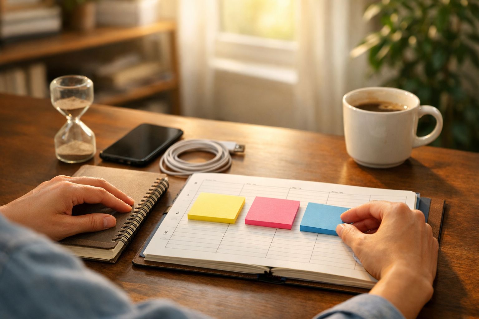 Pessoa a organizar notas adesivas amarelas numa secretária, com chá, um telemóvel e caderno aberto por perto.