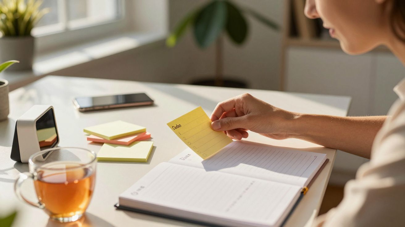 Pessoa segura nota adesiva amarela, em frente a um caderno aberto, com chá e relógio na mesa iluminada pelo sol.