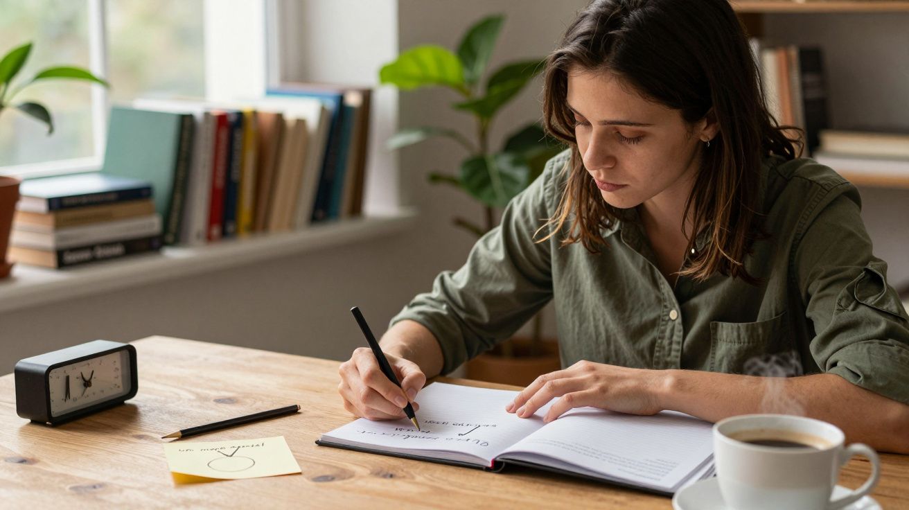 Mulher jovem escreve em caderno numa mesa com chávena de café, despertador, post-it e estante de livros ao fundo.