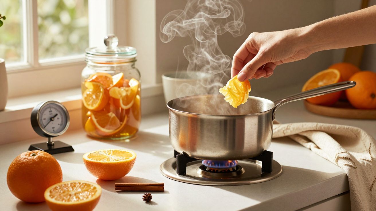 Mão adiciona fatia de laranja a panela fumegante no fogão; frascos com laranjas e temperos ao lado.