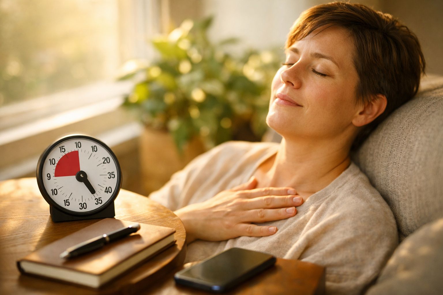 Mulher relaxa à mesa com portátil, chávena de café e smartphone ao sol.