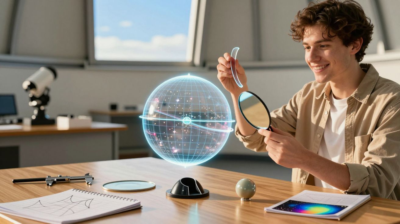 Jovem sorridente interage com holograma de globo terrestre digital em mesa com caderno e tablet.