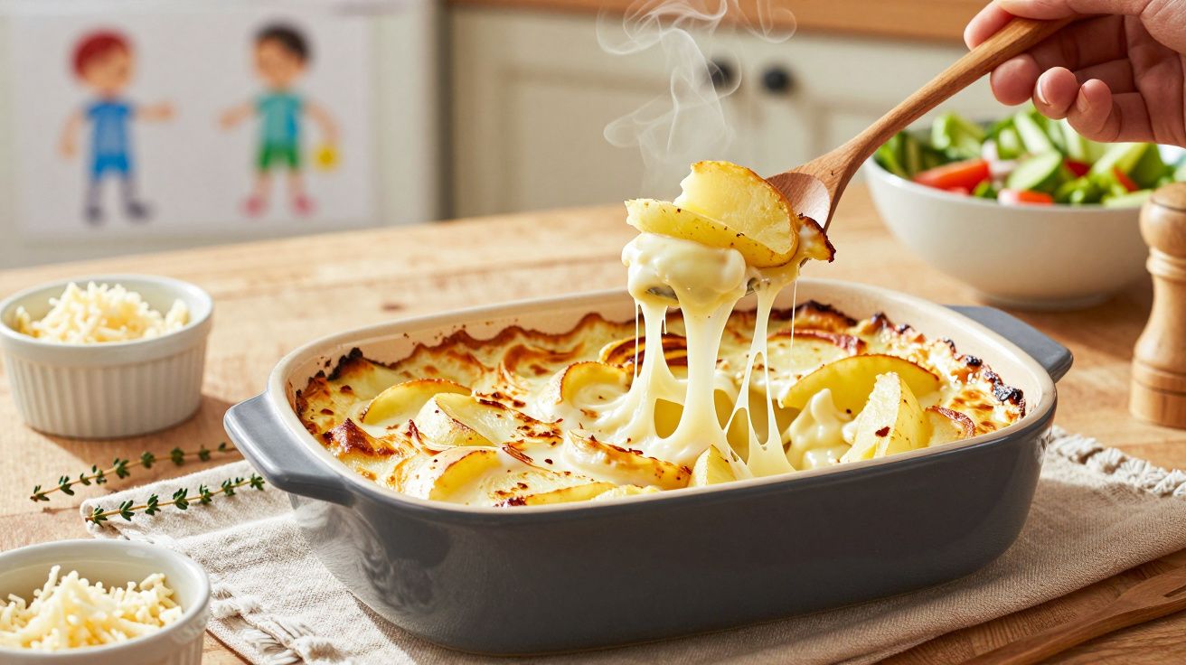 Gratinado de batatas com queijo puxado por uma colher de madeira, em cima de uma mesa de cozinha.