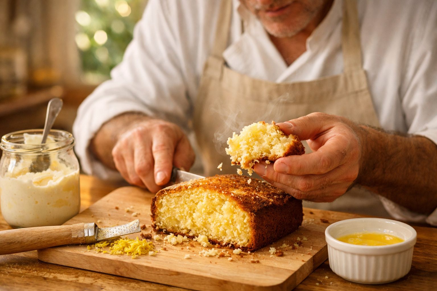 Chef a cortar fatia de bolo de limão com cobertura cremosa, numa cozinha iluminada pelo sol, com limões ao lado.