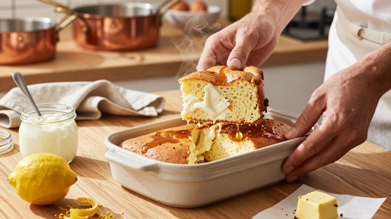 Mãos cortam bolo quente com creme, limão e manteiga sobre mesa de madeira na cozinha.