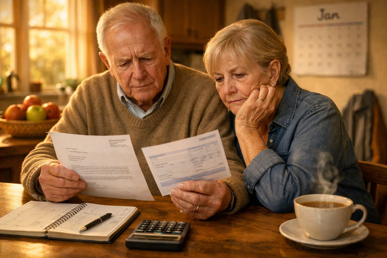 Duas mulheres idosas calculando despesas em casa com calculadora, papel e telemóvel sobre a mesa.