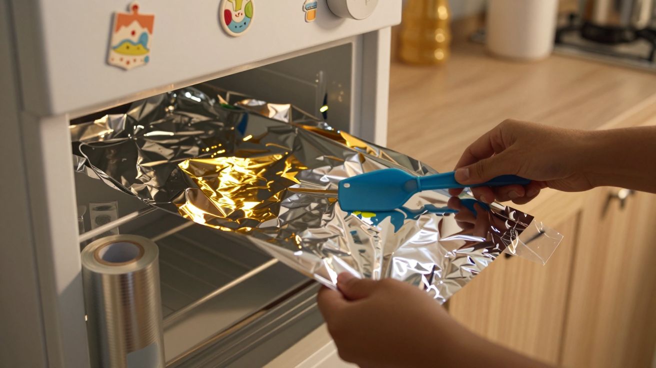 Mãos colocando folha de alumínio em forno com espátula azul, cozinha com bancada de madeira ao fundo.