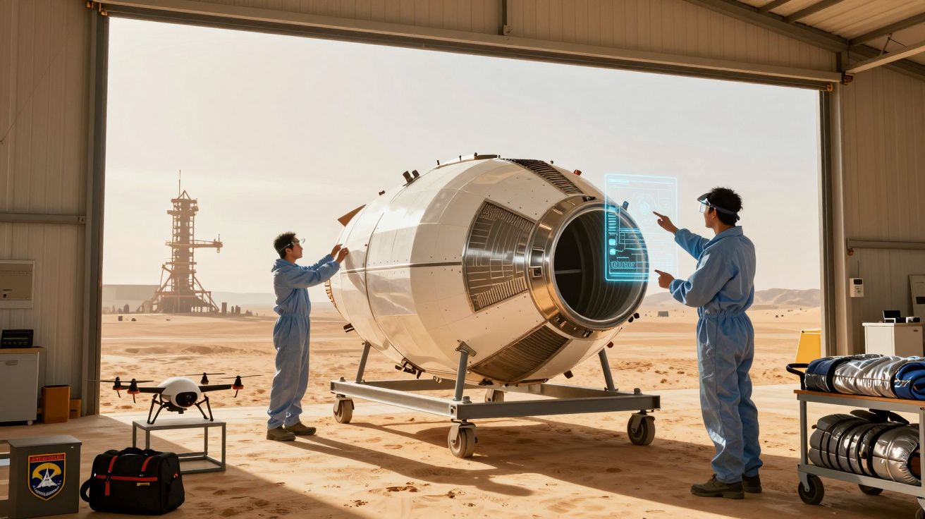 Técnicos em fato-macaco azul inspeccionam cápsula espacial num hangar no deserto, com painel holográfico à direita.
