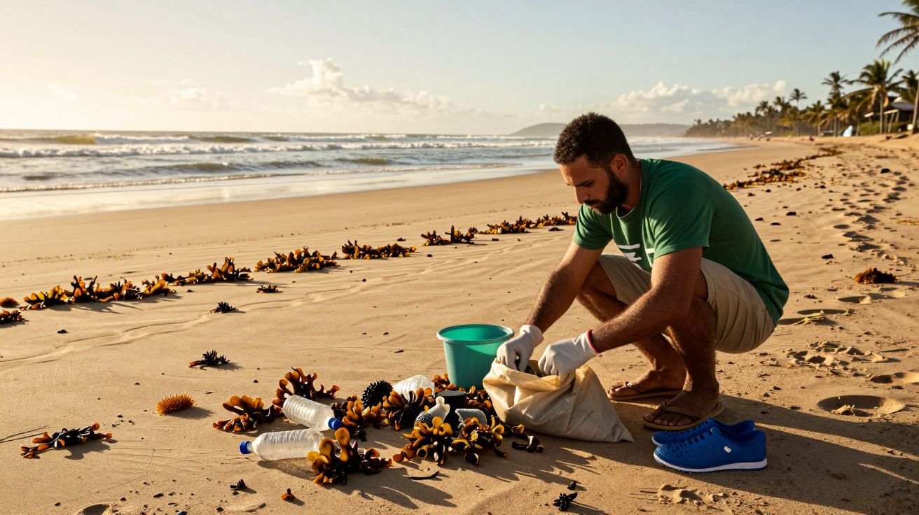 Homem recolhe lixo numa praia ao pôr do sol, usando luvas.