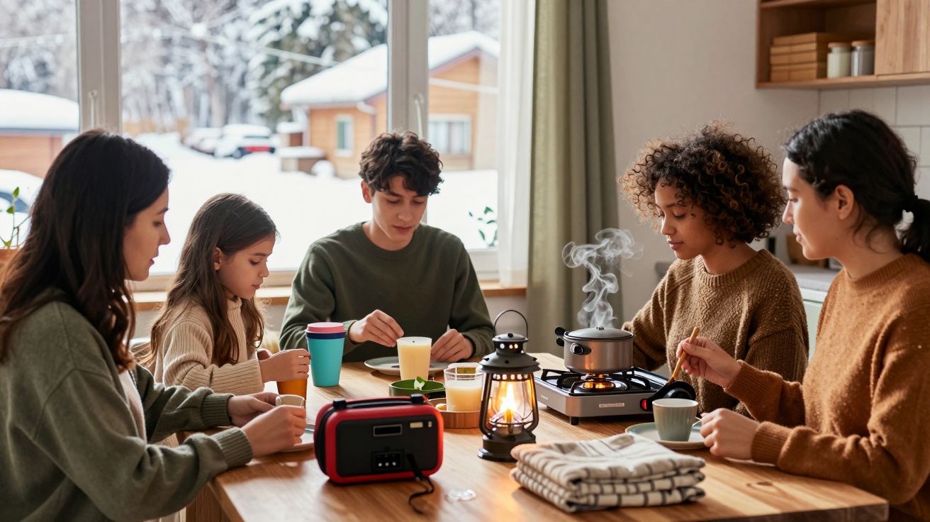 Cinco pessoas à mesa a tomar o pequeno-almoço numa cabana de inverno, com uma panela e lanterna acesa ao centro.