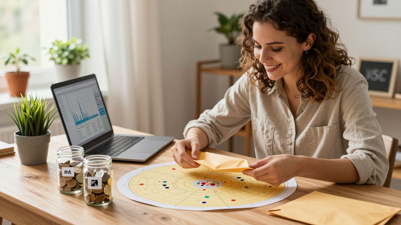 Mulher sorridente conta moedas em envelopes, com portátil e frascos de moedas sobre a mesa.