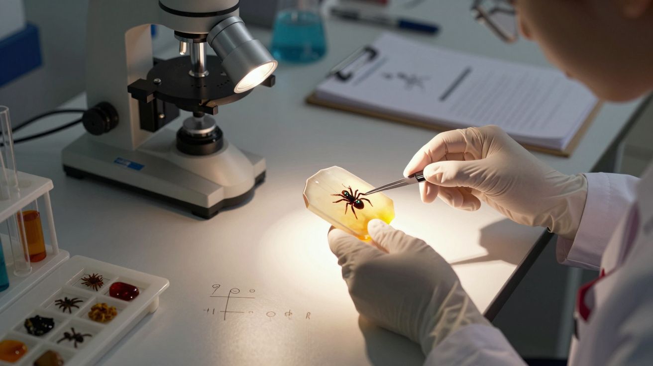 Técnico de laboratório analisa aranha encapsulada em resina sob microscópio, com tubos de ensaio ao fundo.