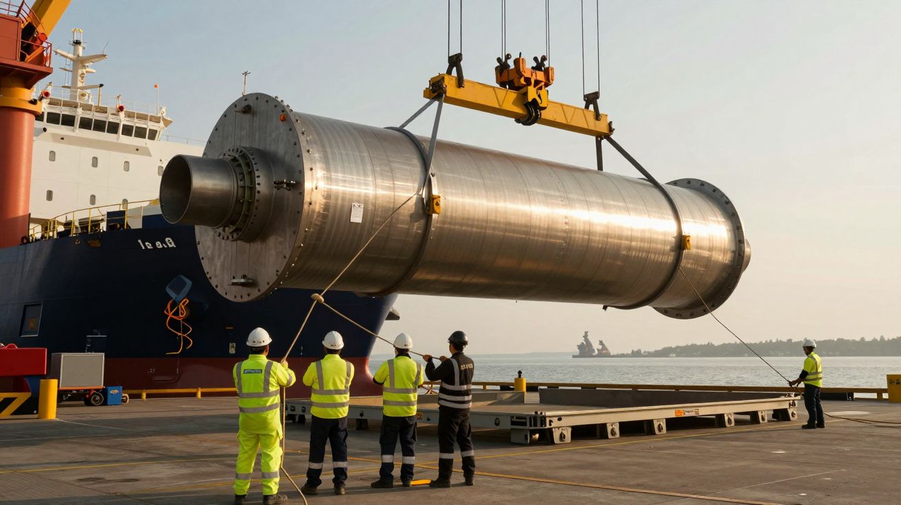 Funcionários de colete refletores observam a carga de um cilindro metálico grande num porto, com navio ao fundo.