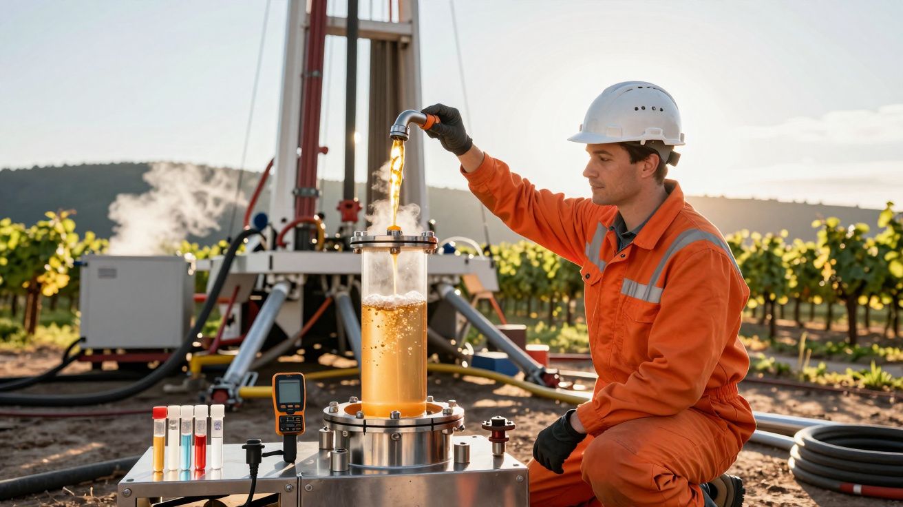 Trabalhador em vinhedo, envergando um fato de macaco laranja e capacete, monitoriza equipamento geotérmico.