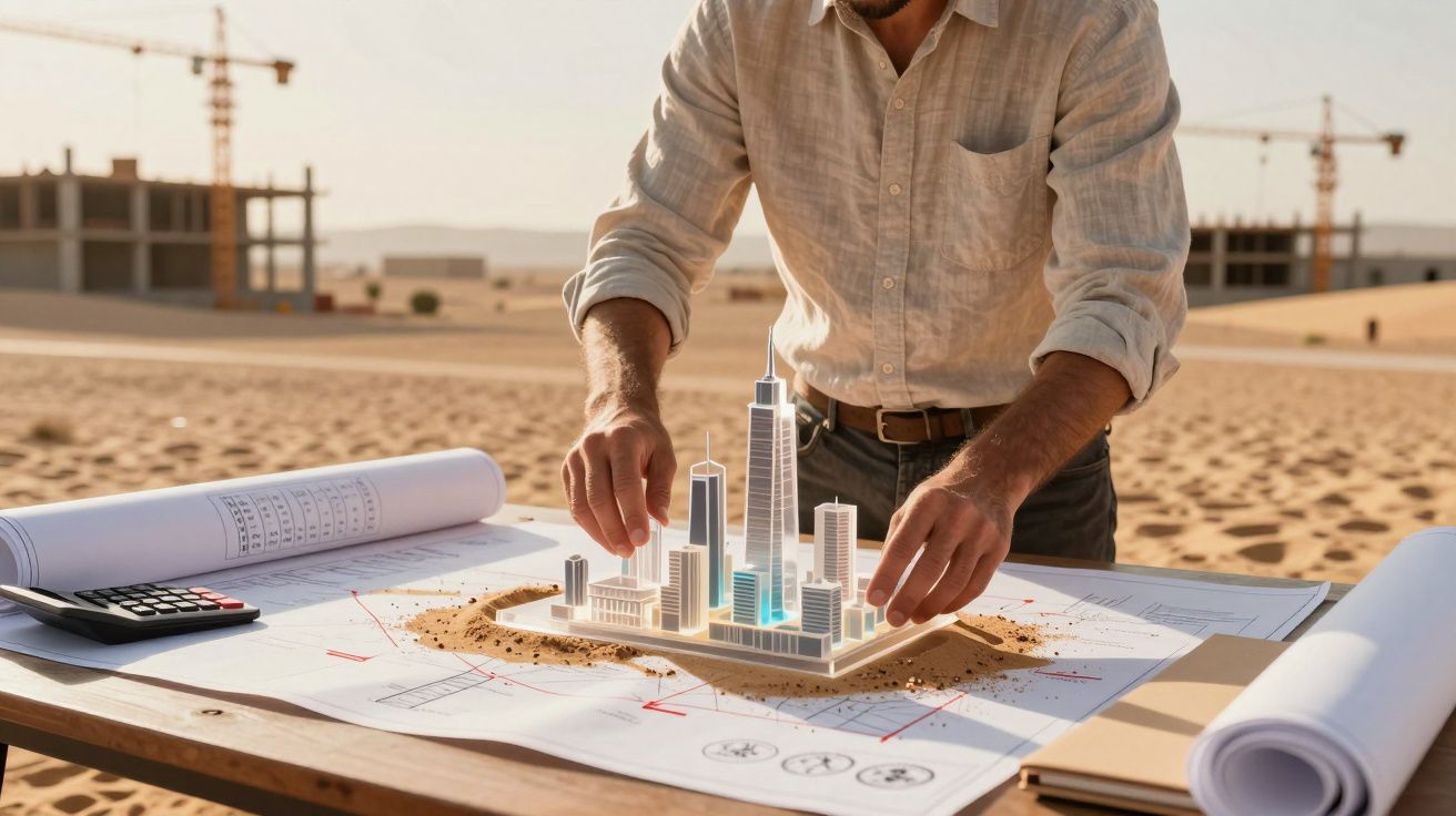 Homem analisa maquete de cidade sobre mesa com plantas e calculadora num canteiro de obras deserto ao fundo.