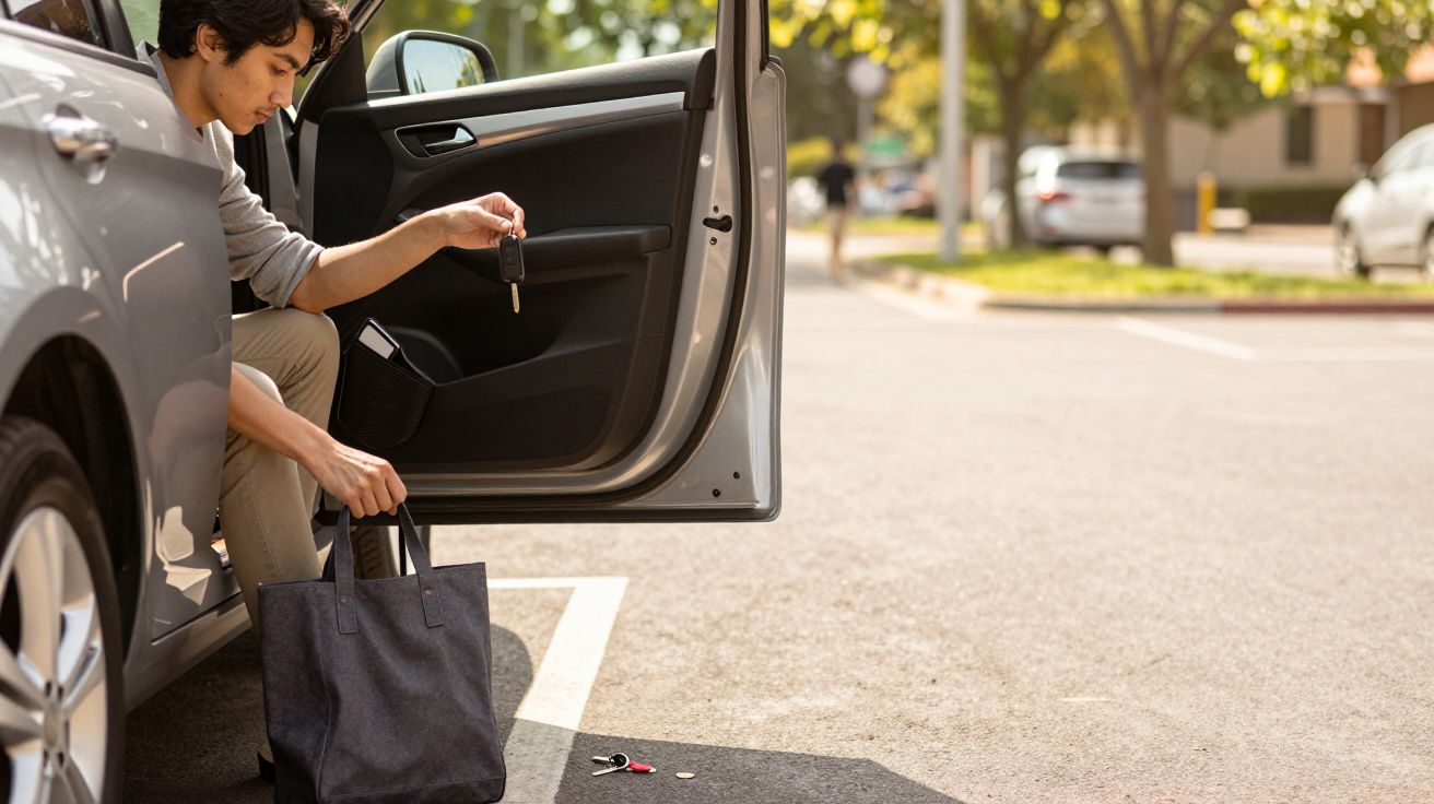 Homem ao lado de um carro aberto, apanha uma chave do chão em um parque de estacionamento.