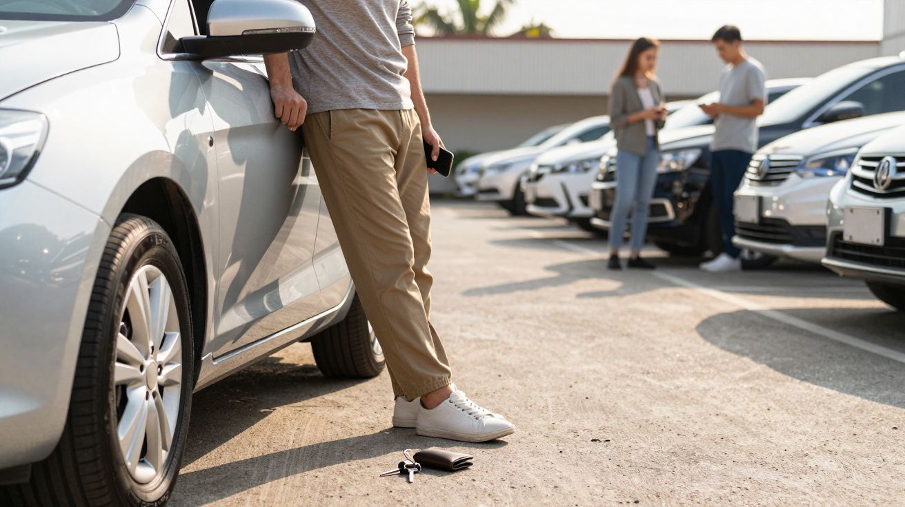 Homem encostado em carro prata com chaves e carteira no chão, casal ao fundo numa fila de carros estacionados.