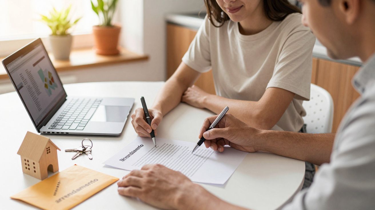 Duas pessoas assinam contrato de arrendamento numa mesa com portátil, modelo de casa e chave.
