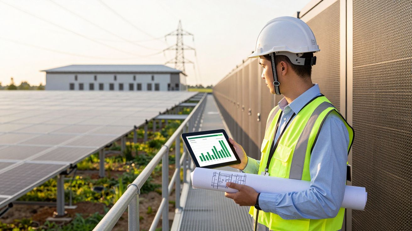 Engenheiro analisa gráfico num tablet junto a painéis solares, segurando plantas, num campo fotovoltaico.