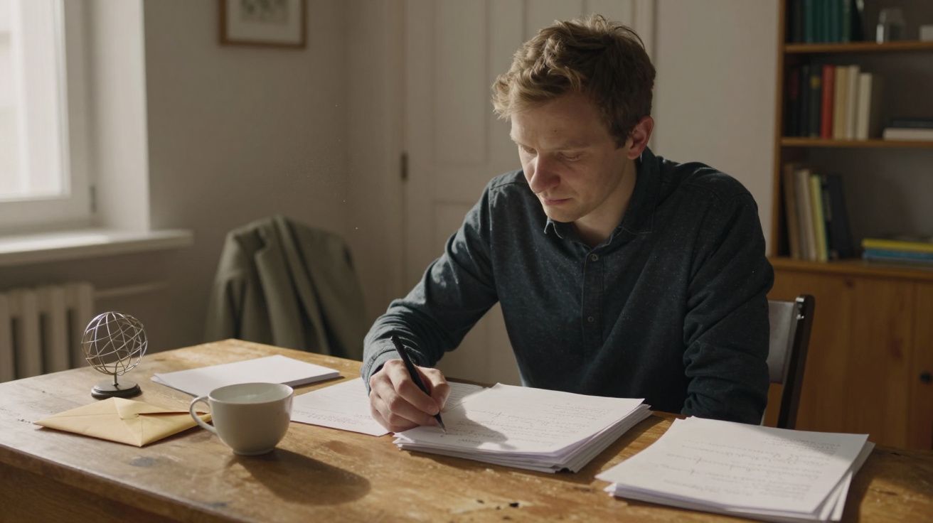 Homem a escrever numa mesa com papéis, chávena e envelope; estante e casaco ao fundo.