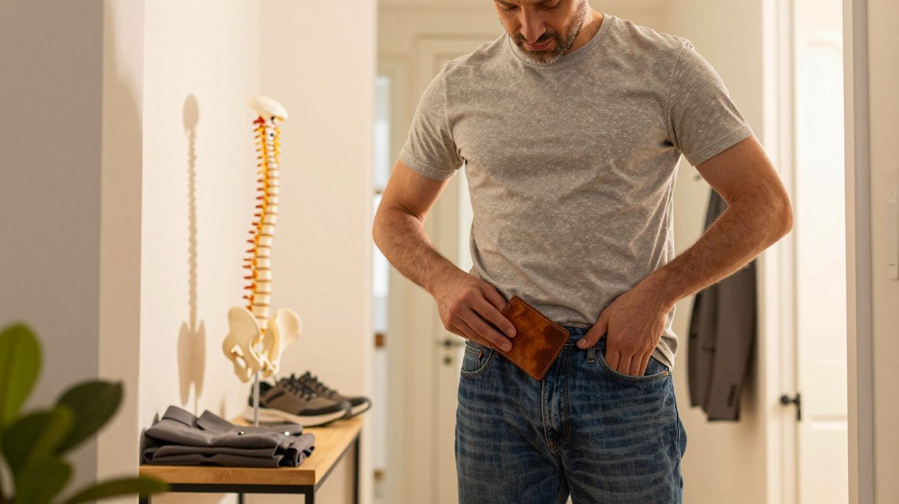 Homem guarda carteira no bolso das calças, numa sala com esqueleto de coluna e roupa dobrada numa mesa.