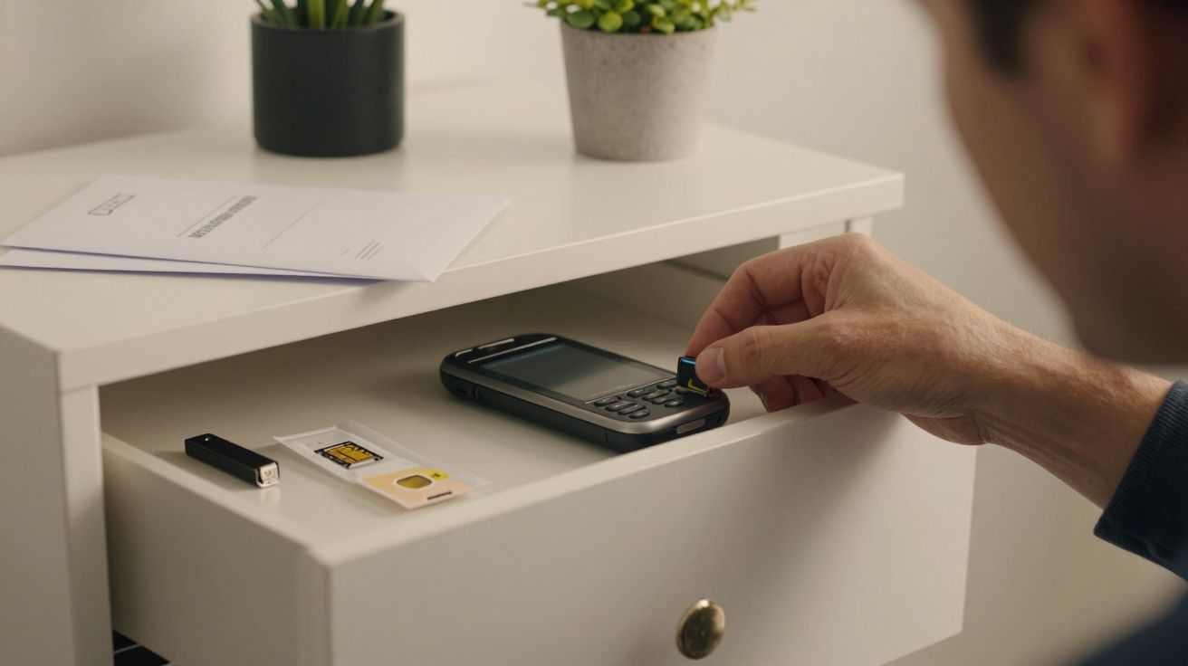 Homem a inserir cartão SIM num telemóvel sobre uma mesa com documentos, USB e plantas ao fundo.