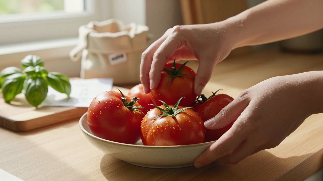 Mãos apegando tomates frescos num prato, com manjericão ao fundo, numa cozinha iluminada.