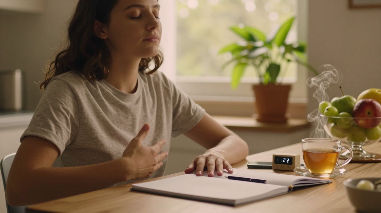 Mulher meditando à mesa com chá quente, relógio e caderno, ao lado de uma janela com planta e fruta.
