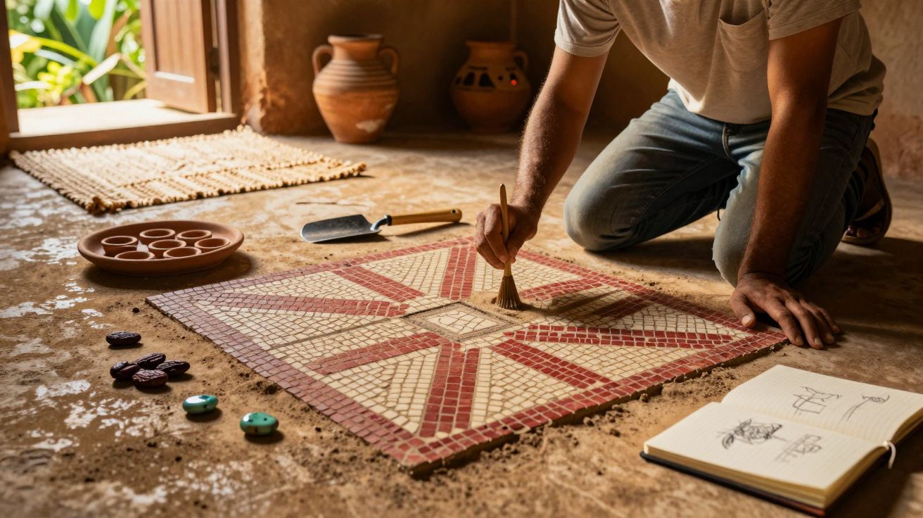 Pessoa ajoelhada no chão, cria mosaico com azulejos vermelhos e brancos. Ferramentas e caderno ao lado.
