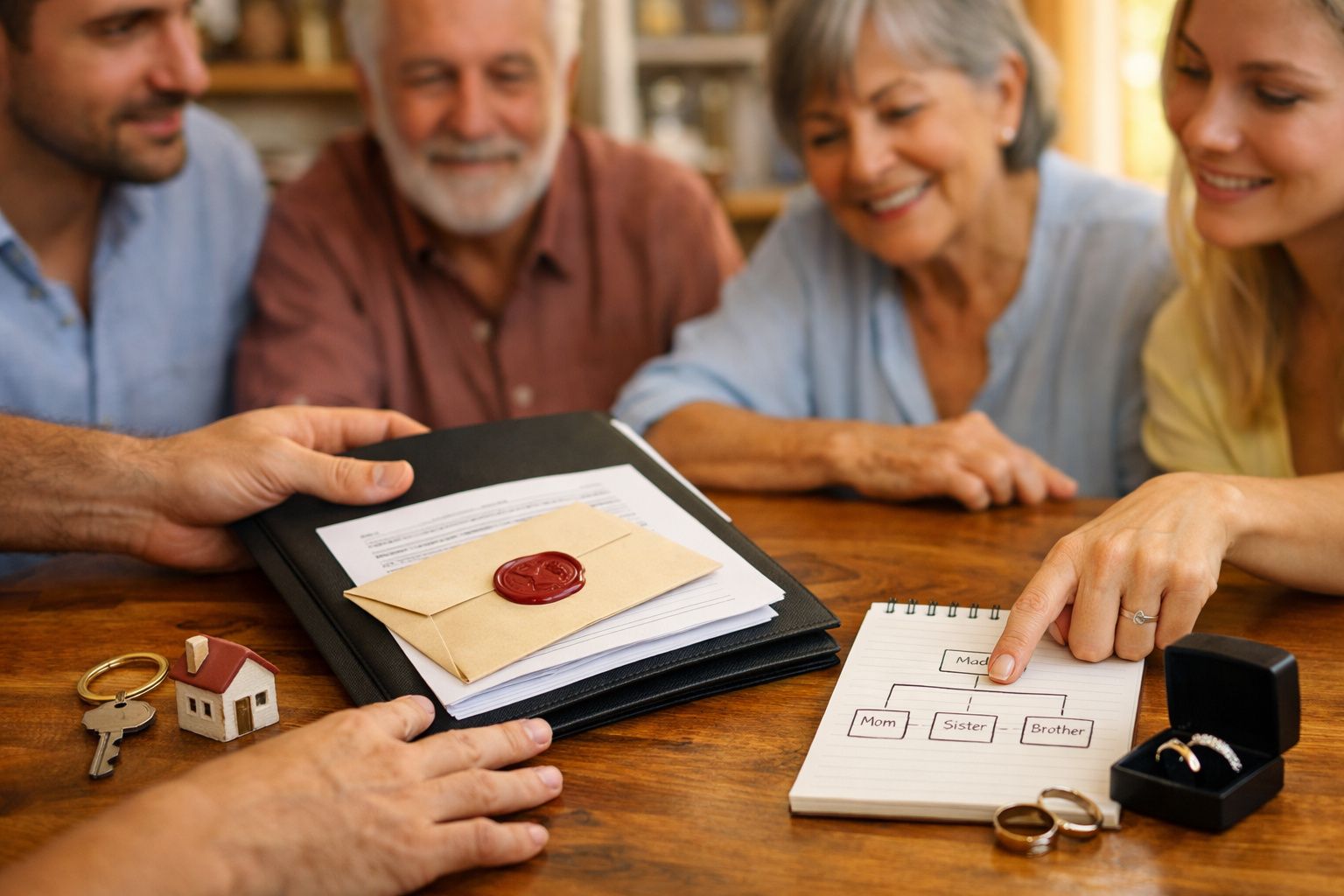 Quatro pessoas discutem documentos de família numa mesa, com fotos e uma casa em miniatura.