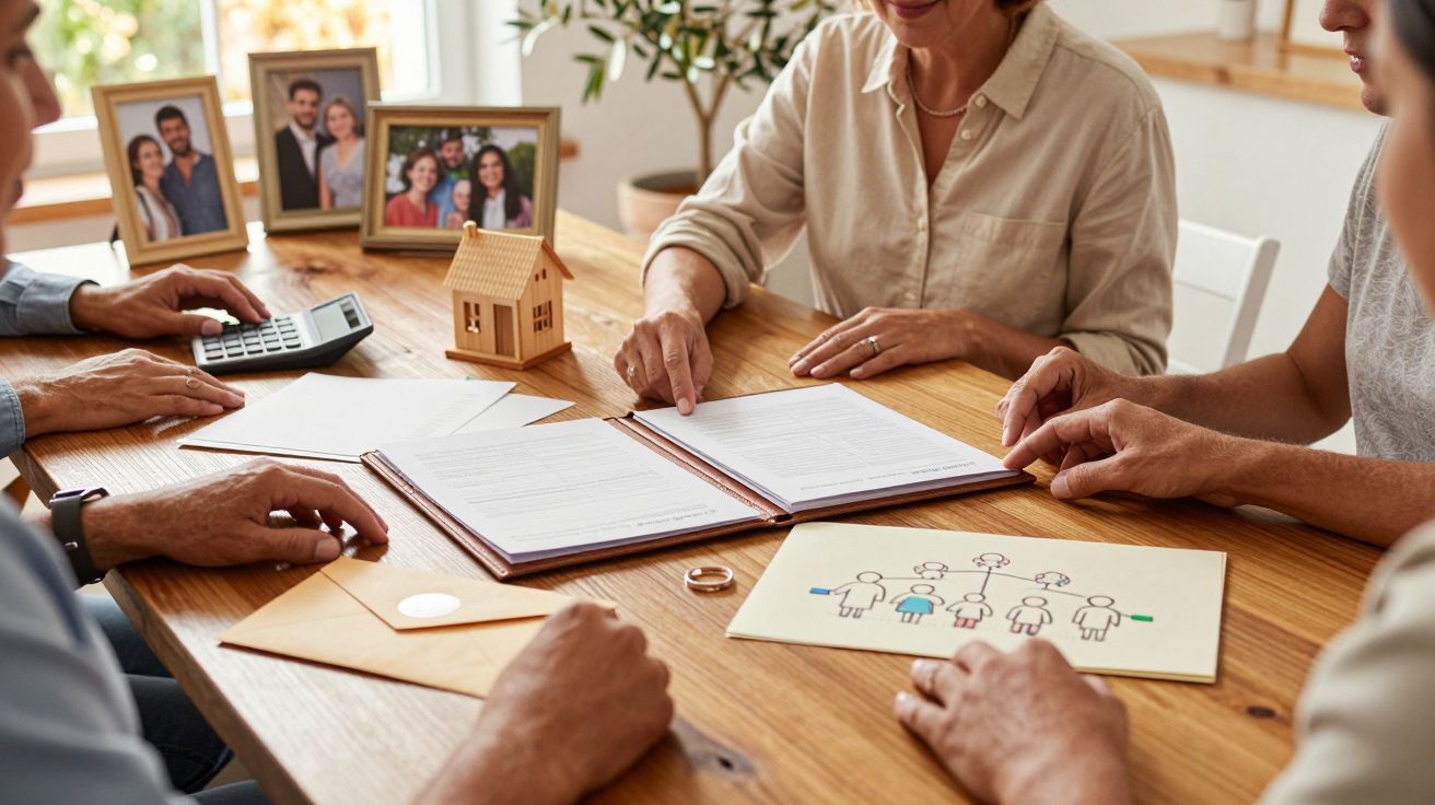 Quatro pessoas discutem documentos sobre herança em mesa de madeira com fotos de família e uma miniatura de casa.