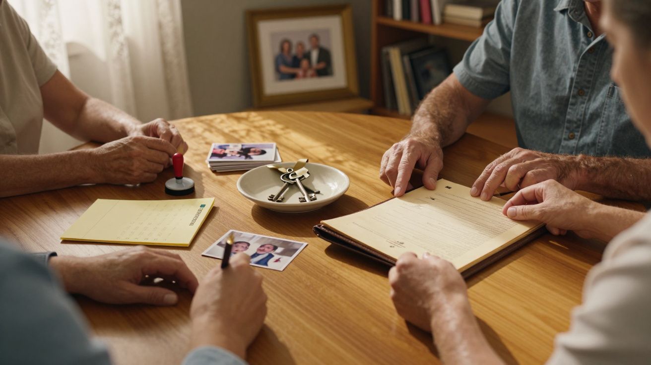 Três pessoas analisam fotos impressas e documentos numa mesa de madeira. Chaves e documentos estão ao centro.