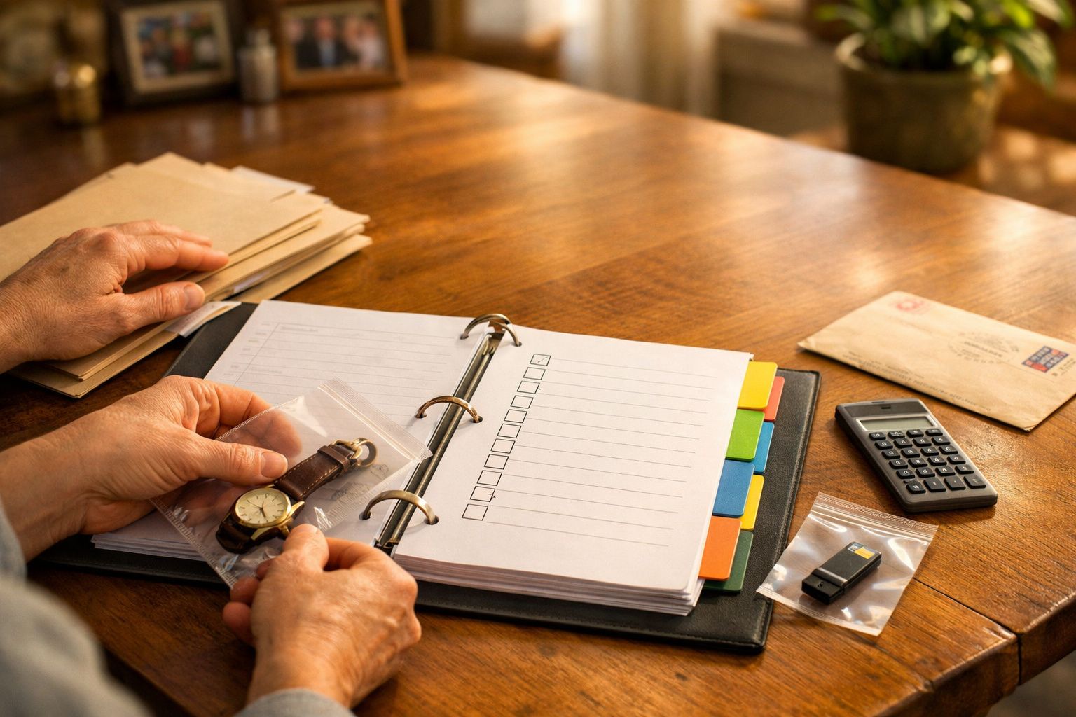 Pessoa a segurar um documento impresso numa secretária, ao lado de um computador portátil, envelope e chave.