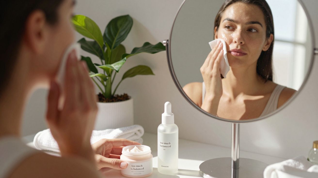 Mulher aplica creme facial no espelho, rodeada por produtos de beleza e uma planta.
