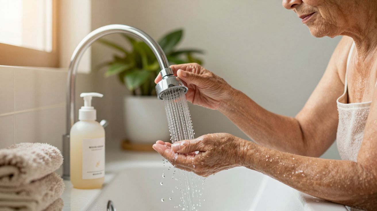 Pessoa idosa lavando as mãos sob uma torneira numa casa de banho com sabonete e toalhas ao lado.