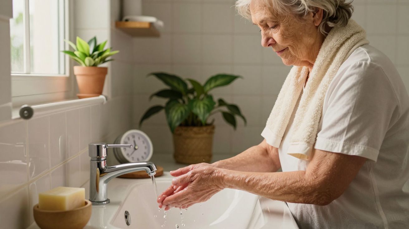 Idosa lava as mãos na casa de banho, com toalha ao pescoço. Plantas decoram o espaço ao lado da janela.